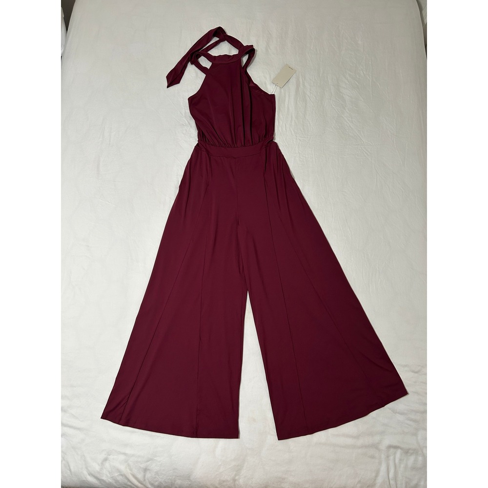 Halara Womens Burgundy Halter Neck Wide Leg Jumpsuit XS Stretchy Tailored New